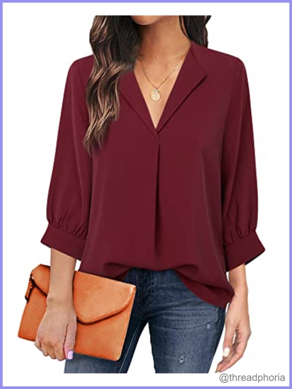 Women's Chiffon V Neck 3/4 Sleeve Loose Work Blouse